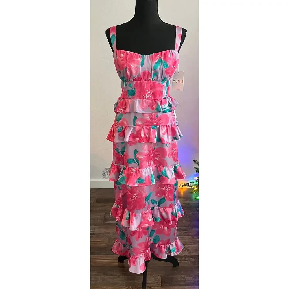 Show Me Your MuMu Satin Floral Ruffle Monique Midi Dress NWT - Picture 2 of 7